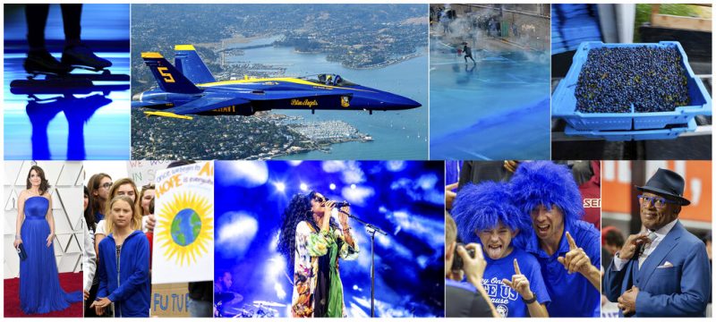This combination of photos shows, top row from left, Blue light projected during the opening ceremony of the ISU World Championships Speed Skating Sprint in the Netherlands, on Feb. 23, 2019, U.S. Navy Blue Angel flying over Sausalito, Calif., on Oct. 10, 2019, Police firing blue-colored water at protestors in Hong Kong on Aug. 31, 2019, a tray of wild blueberries at the Coastal Blueberry Service in Union, Maine on Aug. 24, 2018, bottom row from left, actress-writer Tina Fey wearing a blue gown at the Oscars on Feb. 24, 2019, Swedish youth climate activist Greta Thunberg, wearing a blue sweatshirt, during a protest outside the White House in Washington on Sept. 13, 2019, H.E.R. performing under blue lights at the Coachella Music & Arts Festival in Indio, Calif. on April 14, 2019, Duke fans wearing blue wigs before an NCAA college basketball game against Florida State in Tallahassee, Fla., on Jan. 12, 2019 and "Today" show co-host Al Roker wearing blue eye glasses on the set in New York on April 5, 2019. The Pantone Color Institute has named Classic Blue as its color of the year for 2020. Photo: AP