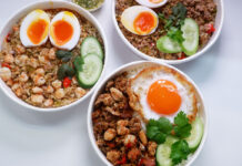 Supanniga Now Delivers Casual Thai Street Food Clockwise from left: shrimp prik-klua fried rice (198 baht), pork prik-klua fried rice (113 baht), and combination prik-klua with jasmine rice (156 baht).
