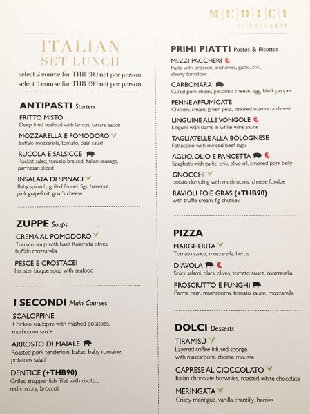 Medici’s set lunch menu.