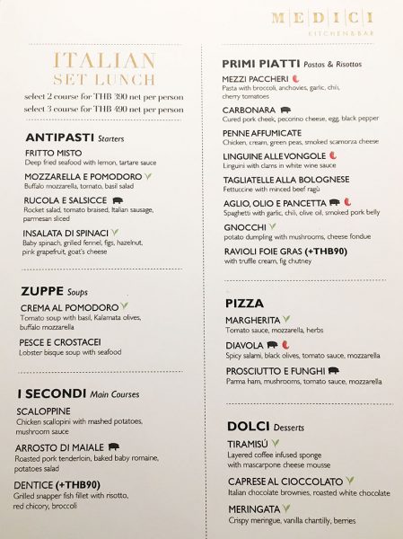 Medici’s set lunch menu. 