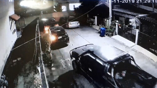 A still from CCTV footage showing Passakorn’s car ramming into the Honda City sedan on Nov. 30, 2019.