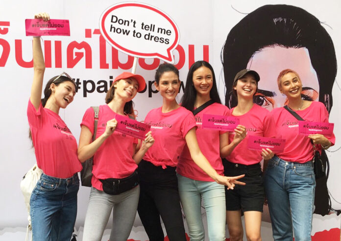 Activists campaign for an end to sexual violence against women on Nov. 15, 2019, at Victory Monument in Bangkok.