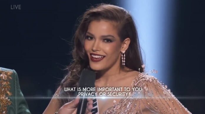 Paweensuda “Fahsai” Drouin answers her final-round question at the Miss Universe 2019 pageant Sunday night in Atlanta, Georgia.