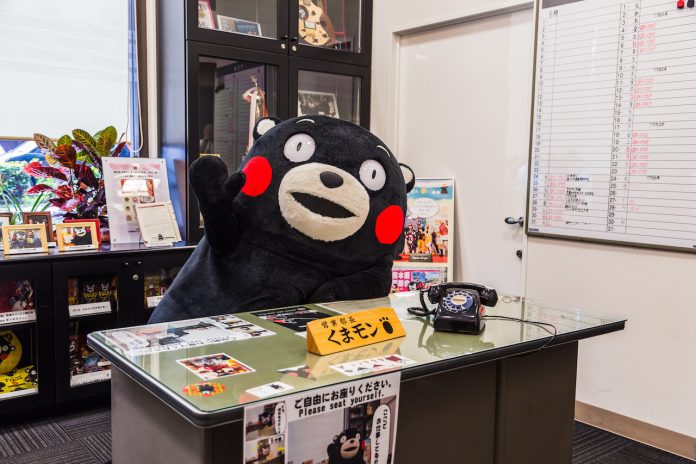 Kumamoto prefecture sales manager Kumamon at his office in Kumamoto, Japan. Image: Kyodo.