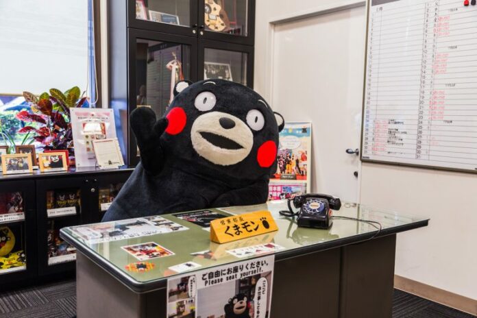 Kumamoto prefecture sales manager Kumamon at his office in Kumamoto, Japan. Image: Kyodo.
