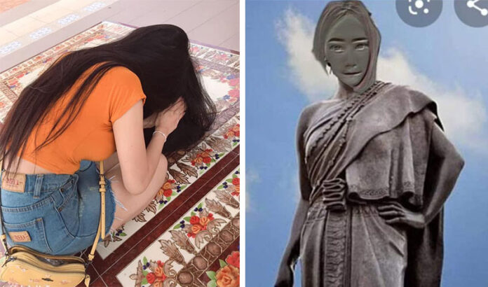 Sutida Vichean wais in apology, left, for posting a photoshopped photo of Ya Mo, right.