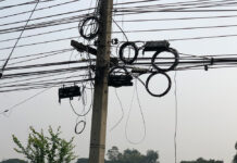 2 Tourists Swept Off Road by Loose Cable Loose telephone wires at the scene where two tourists were swept off their motorcycle in Kanchanaburi City on Jan. 19, 2020.