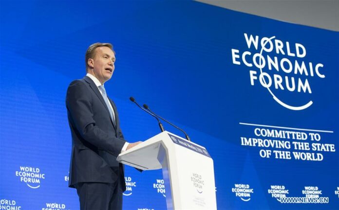 Borge Brende, the president of the World Economic Forum (WEF), delivers a speech during the closing plenary session in the Congress Hall at the 49th annual meeting of WEF in Davos, Switzerland, Jan. 25, 2019. Image: Xinhua