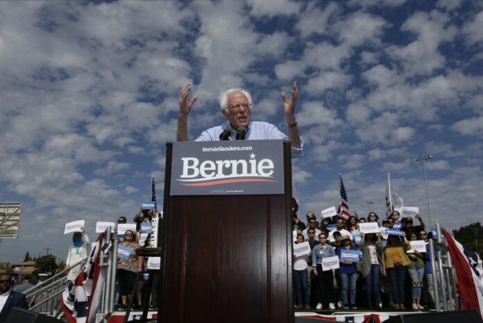 Democratic presidential candidate Sen. Bernie Sanders, I-Vt., speaks at a campaign event at Valley High School in Santa Ana, Calif., Friday, Feb. 21, 2020. (AP Photo/Damian Dovarganes)