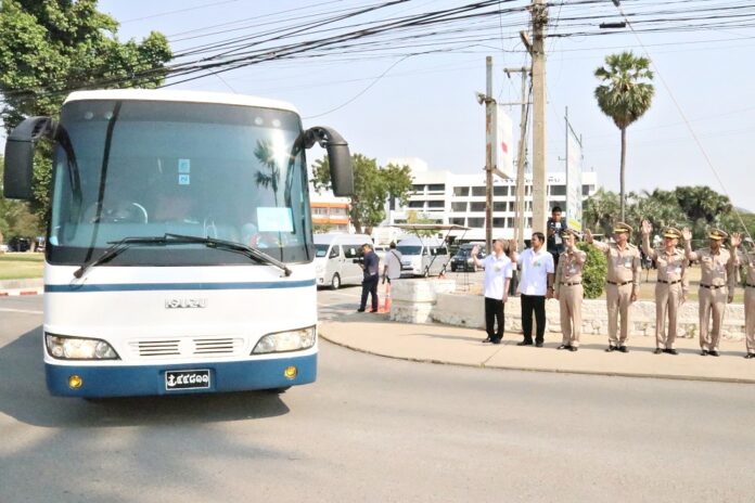 Thai evacuees from Wuhan leave a hotel inside Sattahip Naval Base on Feb. 19, 2020, after completing their 14-day quarantine.