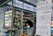 Following Criticism, Cabinet Puts Price Control on Face Masks A sign posted in front of a drug store near Siriraj Hospital telling customers that face masks and hand sanitizers are sold out on Feb. 5, 2020.