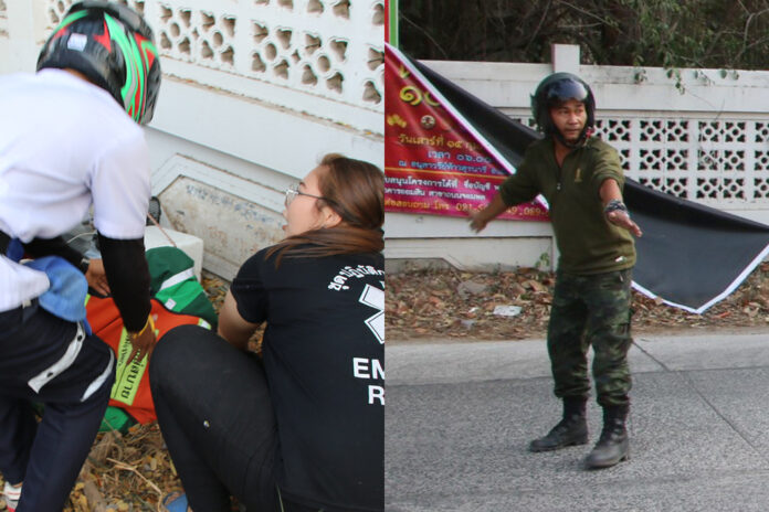 Left, a man gives first aid to a victim close to Wat Pa Sattha Ruam on Feb. 8, 2020. Right, a man prevents the traffic from entering the gunman’s path. Rescue workers give first aid to a victim near Wat Pa Sattha Ruam on Feb. 8, 2020, left, an unidentified man blocks the traffic from entering into the gunman’s path, right.