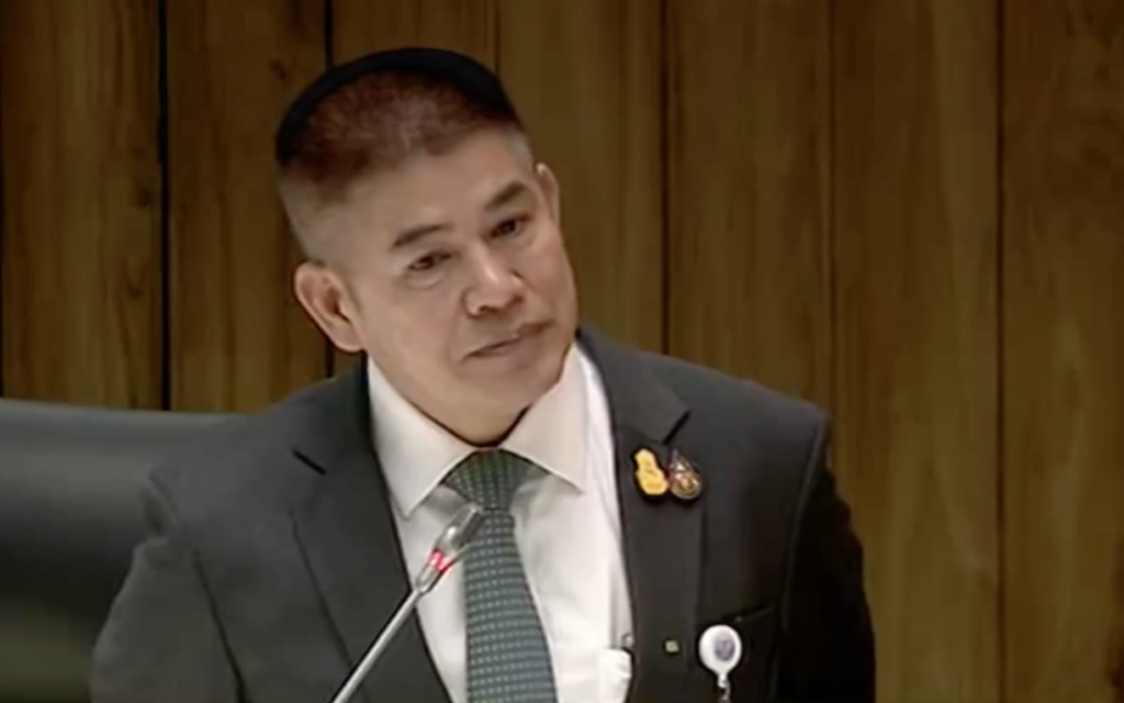 Thammanat Phrompao speaks during the censure debate on Feb. 26, 2020.