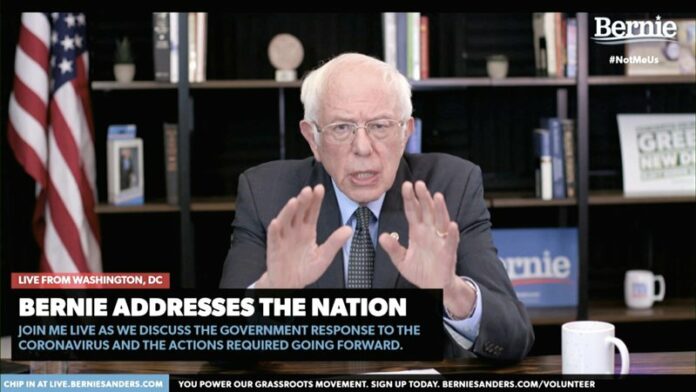 In this image from video provided by BernieSanders.com, Democratic presidential candidate Sen. Bernie Sanders, I-Vt., speaks from Washington, Tuesday, March 17, 2020. (BernieSanders.com via AP)