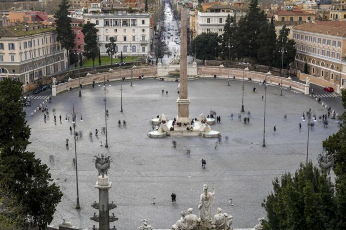 A view of Piazza del Popolo, in Rome, Saturday, March 7, 2020. (AP Photo/Andrew Medichini)