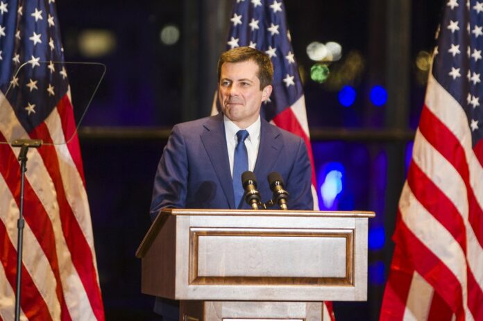 Democratic presidential candidate and former South Bend Mayor Pete Buttigieg speaks during a speech to supporters on Sunday, March 1, 2020, in South Bend, Ind. (Santiago Flores/South Bend Tribune via AP)