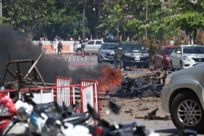 The wreckage of a car after a bomb was detonated in front of the Southern Border Provinces Administration Center in Yala province on March 17, 2020.