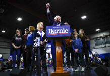 Sanders Wins Top Prize, California; Biden Surges Nationwide Democratic presidential candidate Sen. Bernie Sanders, I-Vt., accompanied by his wife Jane O'Meara Sanders and other family members, speaks during a primary night election rally in Essex Junction, Vt., Tuesday, March 3, 2020. Photo: Matt Rourke / AP
