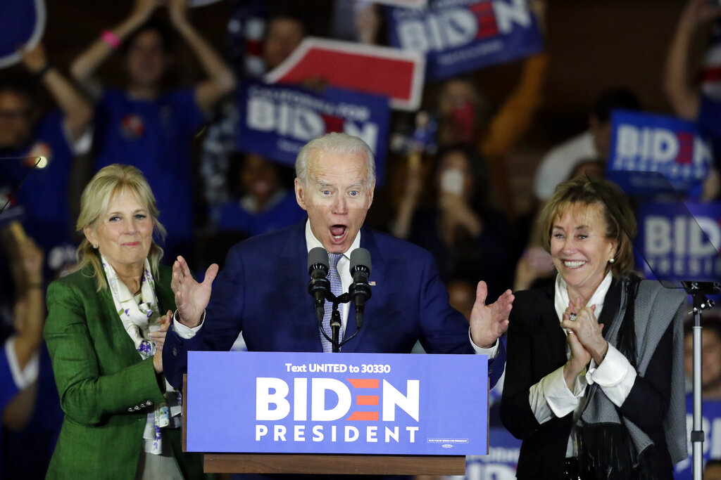 Democratic presidential candidate former Vice President Joe Biden speaks at a primary election night campaign rally Tuesday, March 3, 2020, in Los Angeles. Photo: Chris Carlson / AP