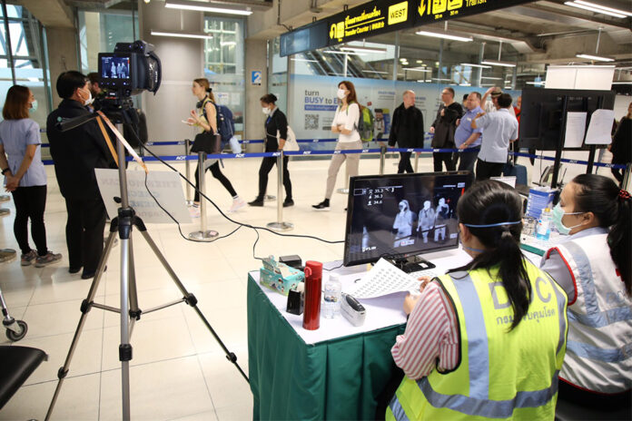 A health quarantine checkpoint at Suvarnabhumi Airport. A health quarantine checkpoint at Suvarnabhumi Airport.