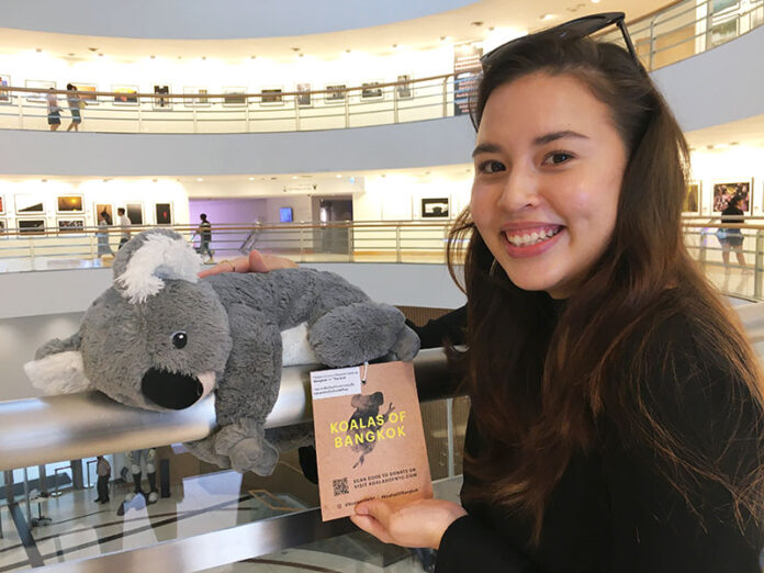 Vanessa Monley with one of the Koalas of Bangkok on the third floor of the Bangkok Art and Culture Centre on March 3, 2020.