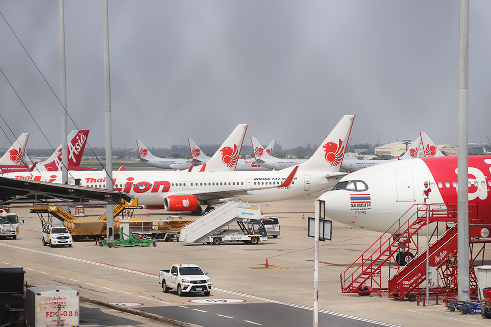 Grounded planes at Don Mueang International Airport.