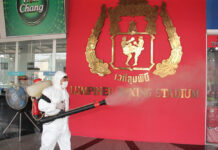 Boxing Stadium at Epicenter of Outbreak Defied Closure Order A worker disinfects Lumpinee Boxing Stadium on March 5, 2020. Photo: Lumpinee Boxing Stadium / Facebook