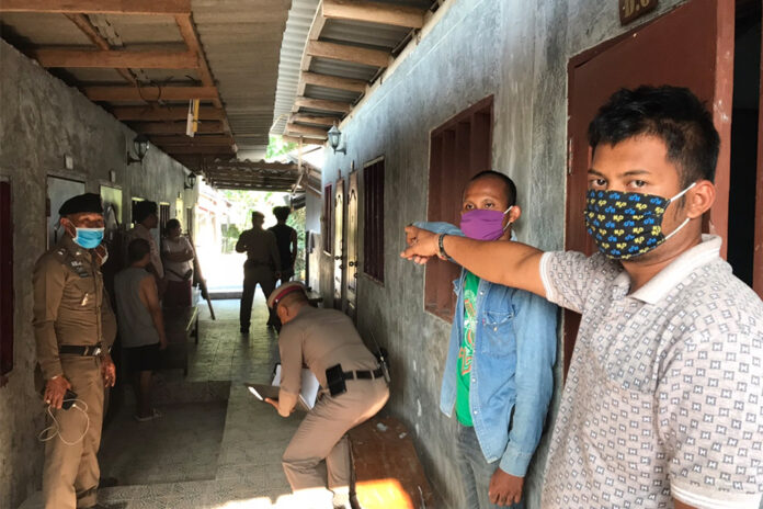 Pongsathorn Patint and Rajan Kaewkohlaba during their crime reenactment at a resort on Koh Phangan on March 20, 2020. Pongsathorn Patint and Rajan Kaewkohlaba during their crime reenactment at a resort on Koh Phangan on March 20, 2020.