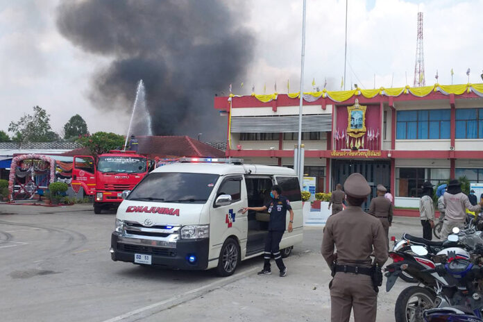 Smoke rises above Buriram Prison as prisoners stage a riot on March 29, 2020.