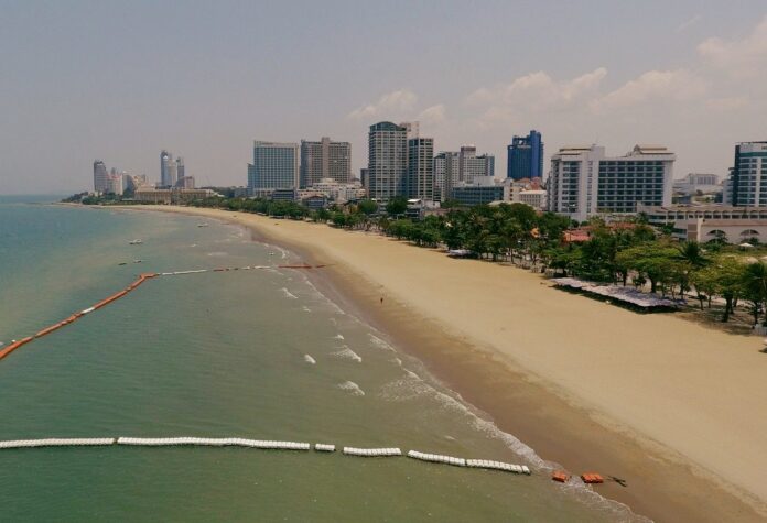 Hotels along the Pattaya beach in Chonburi province, March 31, 2020.