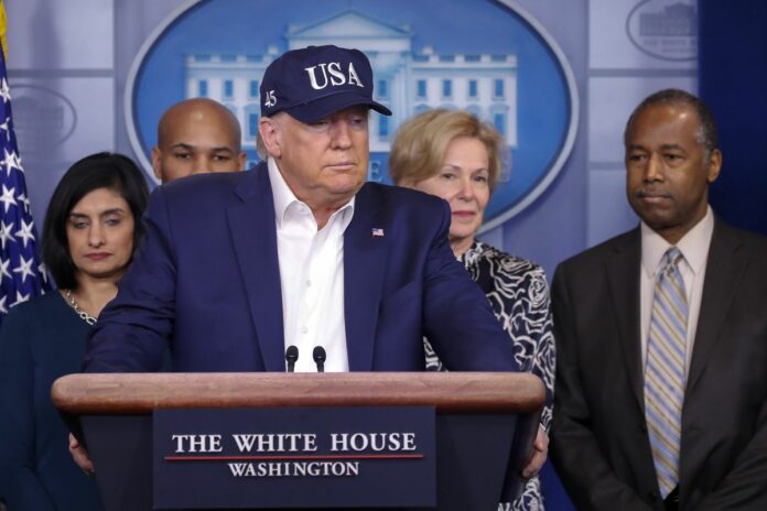 President Donald Trump speaks during a briefing on coronavirus in the Brady press briefing room at the White House, Saturday, March 14, 2020, in Washington. (Alex Brandon, Associated Press)