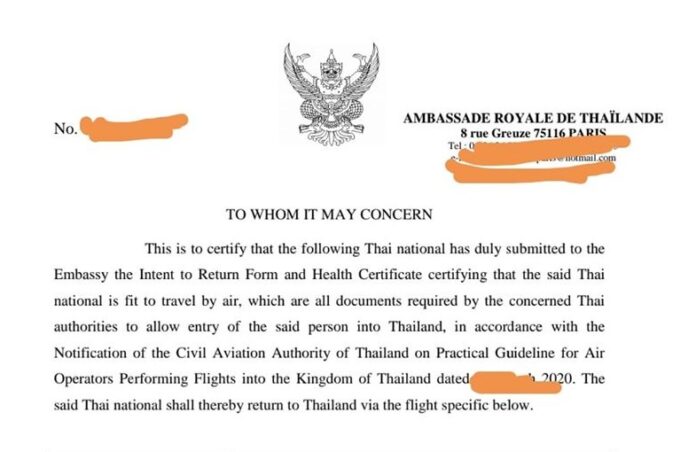An example of a fit-to-fly certificate issued by the Royal Thai Embassy in Paris.