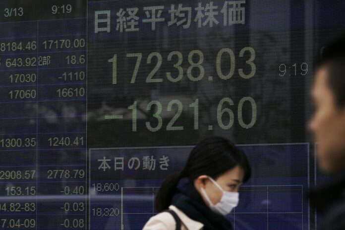 A woman walks past an electronic stock board showing Japan's Nikkei 225 index at a securities firm in Tokyo Friday, March 13, 2020. (AP Photo/Eugene Hoshiko)