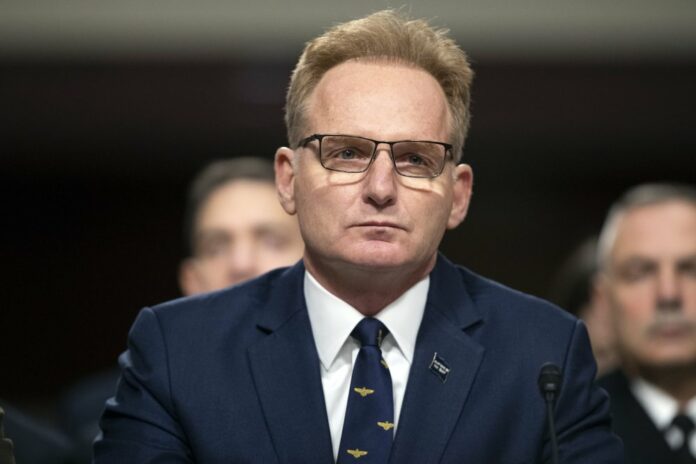 In this Dec. 3, 2019, file photo, acting Navy Secretary Thomas Modly testifies during a hearing of the Senate Armed Services Committee about about ongoing reports of substandard housing conditions in Washington, on Capitol Hill. (AP Photo/Alex Brandon, File)