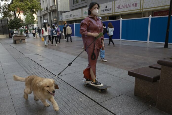 A resident gets a ride from her dog along a retail street in Wuhan in central China's Hubei province, Thursday, April 9, 2020. (AP Photo/Ng Han Guan)