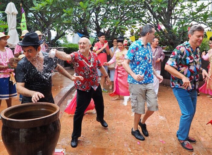 Diplomats participate in Songkran celebration in Bangkok on April 8, 2020.