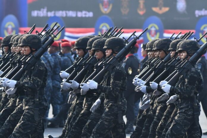 Soldiers during a parade drill in Bangkok on Jan. 16, 2020. Soldiers during a parade drill in Bangkok on Jan. 16, 2020.