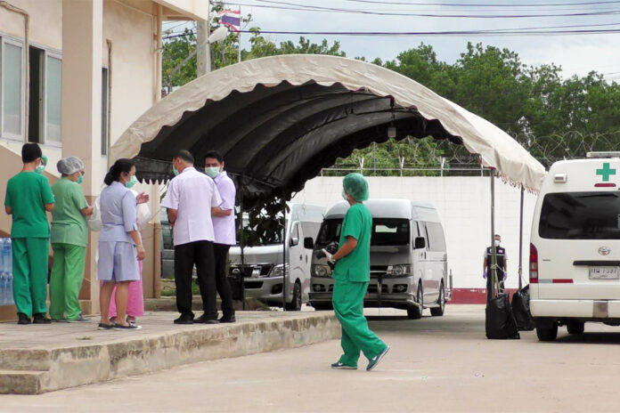 Medical personnel inside Songkhla Immigration Detention, which has since been turned into a field hospital to treat infected detainees, on April 28, 2020. Medical personnel inside Songkhla Immigration Detention, which has since been turned into a field hospital to treat infected detainees, on April 28, 2020.