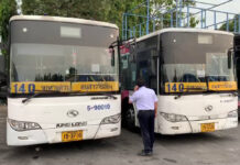 Bangkok Bus Driver Dies Of Coronavirus, Officials Say No. 140 buses at their depot on April 13, 2020.