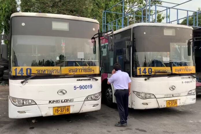 No. 140 buses at their depot on April 13, 2020.