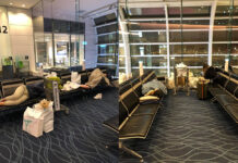 Gov’t Tells 10,000+ Thais Marooned Overseas to Stay Abroad A group of Thai returnees sleep on seats at Haneda Airport on April 7, 2020. Photo: Natcha Lapaaneknan / Facebook