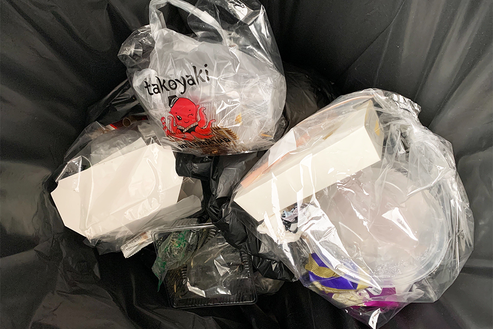 Packaging waste from food delivery orders.