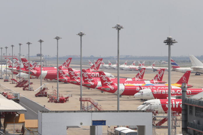 Grounded planes at Don Mueang International Airport.