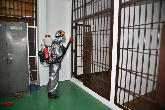 A jail inside Bang Khen Police Station being disinfected on March 30, 2020. A jail inside Bang Khen Police Station being disinfected on March 30, 2020.