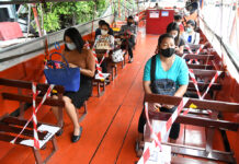 Woman Died of Coronavirus; New Infections Drop Again Seats on a Saen Saeb canal boat are marked for passengers to leave a space for social-distancing.