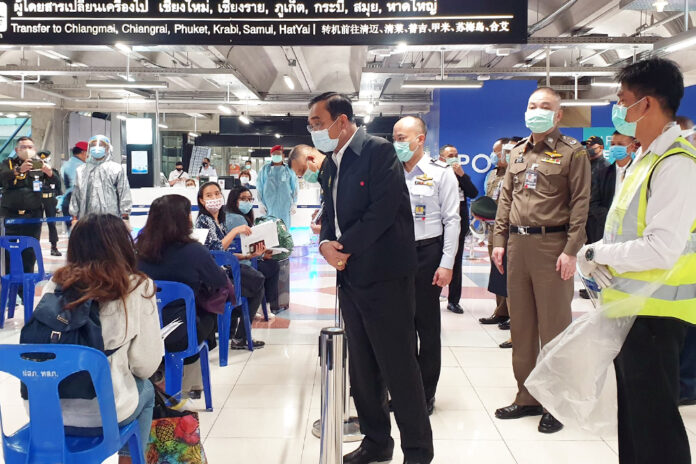 Prime Minister Prayut Chan-o-cha visits a health quarantine facility at Suvarnabhumi Airport on April 26, 2020.