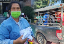 Cops Arrest 15 Migrant Workers Who Work Overtime During Curfew One of the workers shows pieces of ripped curfew permit, left. Workers on a pickup truck after they have been released on bail, right. Photos: Ploichanok Sirowet / Facebook