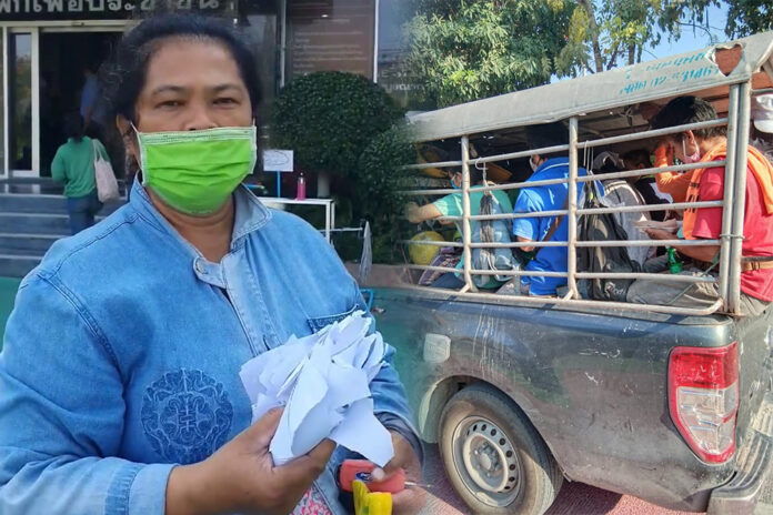 One of the workers shows pieces of ripped curfew permit, left. Workers on a pickup truck after they have been released on bail, right. Photos: Ploichanok Sirowet / Facebook