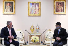 US Ambassador Questions Emergency Decree Extension U.S. Ambassador Michael George DeSombre, left, discusses with deputy prime minister Wissanu Krea-ngam, right, during an official visit to the Government House on May 27, 2020.