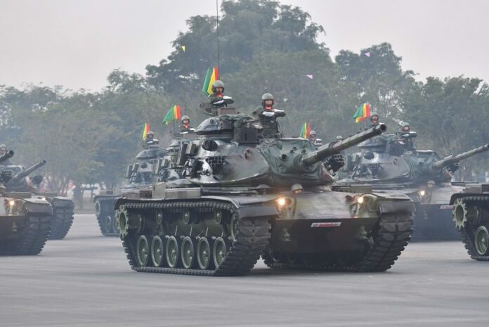 Battle tanks participate in an army parade in Saraburi on Jan. 18, 2020.